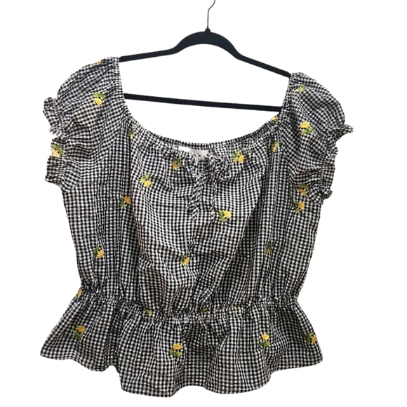 Forever 21 Y2K Black White Gingham Peplum Hem Cropped Top Yellow Floral Plus 2X - Picture 1 of 6